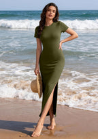 PRETTYGARDEN Womens Summer Maxi Dresses Casual Short Sleeve Crewneck Knit Slit T Shirt Dress Spring Long Beach Sundress