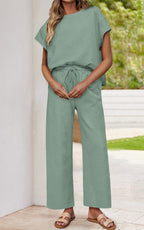 PRETTYGARDEN 2 Piece Outfits For Women Casual Tracksuit Short Sleeve Tops And Wide Leg Long Pants Matching Lounge Sets