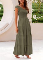 PRETTYGARDEN Women's Flowy Maxi Dress Casual Cap Sleeve V Neck Smocked Beach Sundress