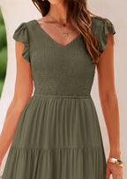PRETTYGARDEN Women's Flowy Maxi Dress Casual Cap Sleeve V Neck Smocked Beach Sundress