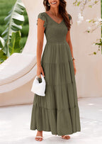 PRETTYGARDEN Women's Flowy Maxi Dress Casual Cap Sleeve V Neck Smocked Beach Sundress