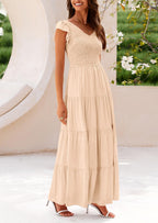 PRETTYGARDEN Women's Flowy Maxi Dress Casual Cap Sleeve V Neck Smocked Beach Sundress