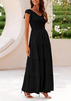 PRETTYGARDEN Women's Flowy Maxi Dress Casual Cap Sleeve V Neck Smocked Beach Sundress