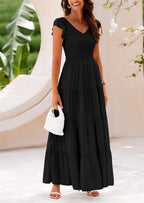 PRETTYGARDEN Women's Flowy Maxi Dress Casual Cap Sleeve V Neck Smocked Beach Sundress