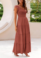 PRETTYGARDEN Women's Flowy Maxi Dress Casual Cap Sleeve V Neck Smocked Beach Sundress