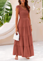PRETTYGARDEN Women's Flowy Maxi Dress Casual Cap Sleeve V Neck Smocked Beach Sundress
