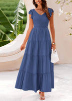 PRETTYGARDEN Women's Flowy Maxi Dress Casual Cap Sleeve V Neck Smocked Beach Sundress