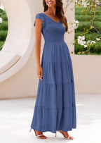 PRETTYGARDEN Women's Flowy Maxi Dress Casual Cap Sleeve V Neck Smocked Beach Sundress