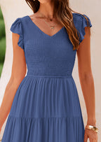 PRETTYGARDEN Women's Flowy Maxi Dress Casual Cap Sleeve V Neck Smocked Beach Sundress