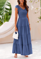 PRETTYGARDEN Women's Flowy Maxi Dress Casual Cap Sleeve V Neck Smocked Beach Sundress