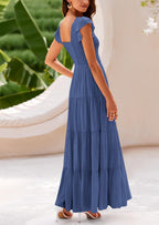 PRETTYGARDEN Women's Flowy Maxi Dress Casual Cap Sleeve V Neck Smocked Beach Sundress