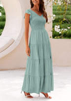 PRETTYGARDEN Women's Flowy Maxi Dress Casual Cap Sleeve V Neck Smocked Beach Sundress