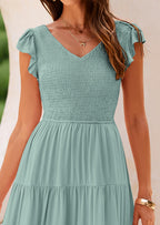 PRETTYGARDEN Women's Flowy Maxi Dress Casual Cap Sleeve V Neck Smocked Beach Sundress