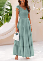 PRETTYGARDEN Women's Flowy Maxi Dress Casual Cap Sleeve V Neck Smocked Beach Sundress