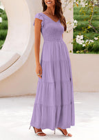 PRETTYGARDEN Women's Flowy Maxi Dress Casual Cap Sleeve V Neck Smocked Beach Sundress