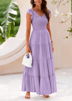 PRETTYGARDEN Women's Flowy Maxi Dress Casual Cap Sleeve V Neck Smocked Beach Sundress