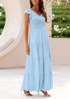 PRETTYGARDEN Women's Flowy Maxi Dress Casual Cap Sleeve V Neck Smocked Beach Sundress
