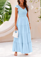 PRETTYGARDEN Women's Flowy Maxi Dress Casual Cap Sleeve V Neck Smocked Beach Sundress