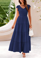 PRETTYGARDEN Women's Flowy Maxi Dress Casual Cap Sleeve V Neck Smocked Beach Sundress