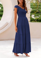 PRETTYGARDEN Women's Flowy Maxi Dress Casual Cap Sleeve V Neck Smocked Beach Sundress