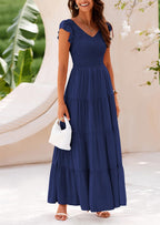 PRETTYGARDEN Women's Flowy Maxi Dress Casual Cap Sleeve V Neck Smocked Beach Sundress
