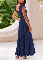 PRETTYGARDEN Women's Flowy Maxi Dress Casual Cap Sleeve V Neck Smocked Beach Sundress