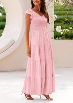 PRETTYGARDEN Women's Flowy Maxi Dress Casual Cap Sleeve V Neck Smocked Beach Sundress