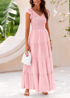 PRETTYGARDEN Women's Flowy Maxi Dress Casual Cap Sleeve V Neck Smocked Beach Sundress