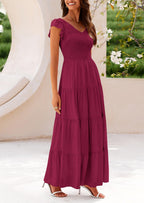 PRETTYGARDEN Women's Flowy Maxi Dress Casual Cap Sleeve V Neck Smocked Beach Sundress