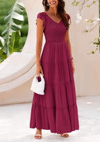 PRETTYGARDEN Women's Flowy Maxi Dress Casual Cap Sleeve V Neck Smocked Beach Sundress