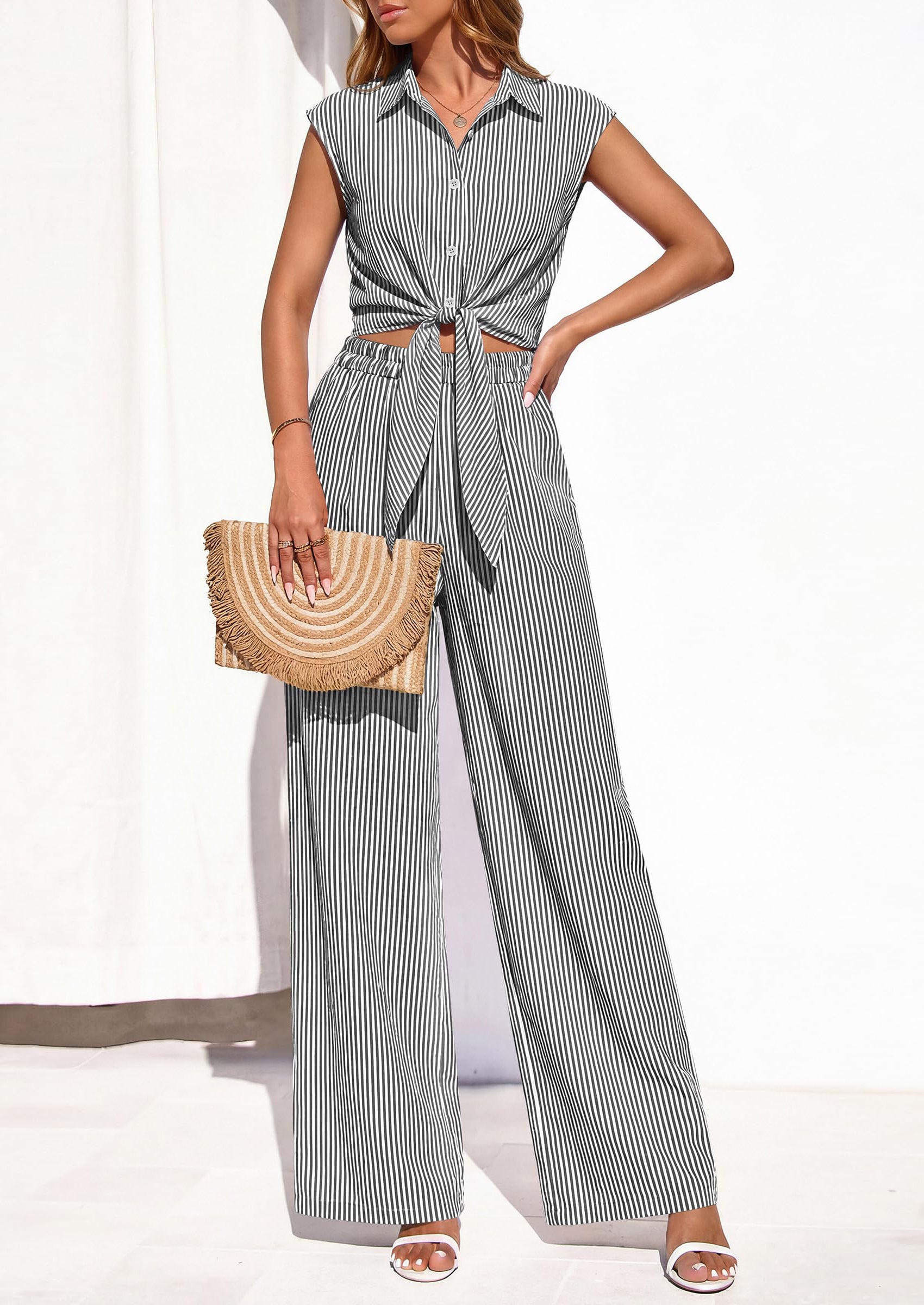 PRETTYGARDEN 2 Piece Sets For Women Summer Striped Button Down Tie Front Crop Tops Wide Leg Pants Floral Lounge Set