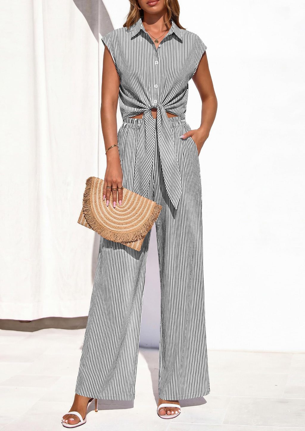 PRETTYGARDEN 2 Piece Sets For Women Summer Striped Button Down Tie Front Crop Tops Wide Leg Pants Floral Lounge Set