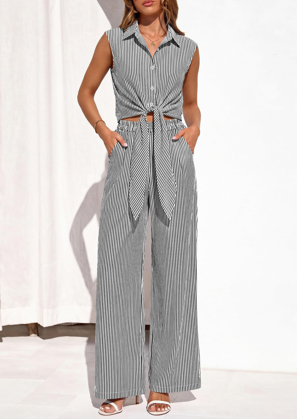PRETTYGARDEN 2 Piece Sets For Women Summer Striped Button Down Tie Front Crop Tops Wide Leg Pants Floral Lounge Set