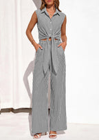 PRETTYGARDEN 2 Piece Sets For Women Summer Striped Button Down Tie Front Crop Tops Wide Leg Pants Floral Lounge Set