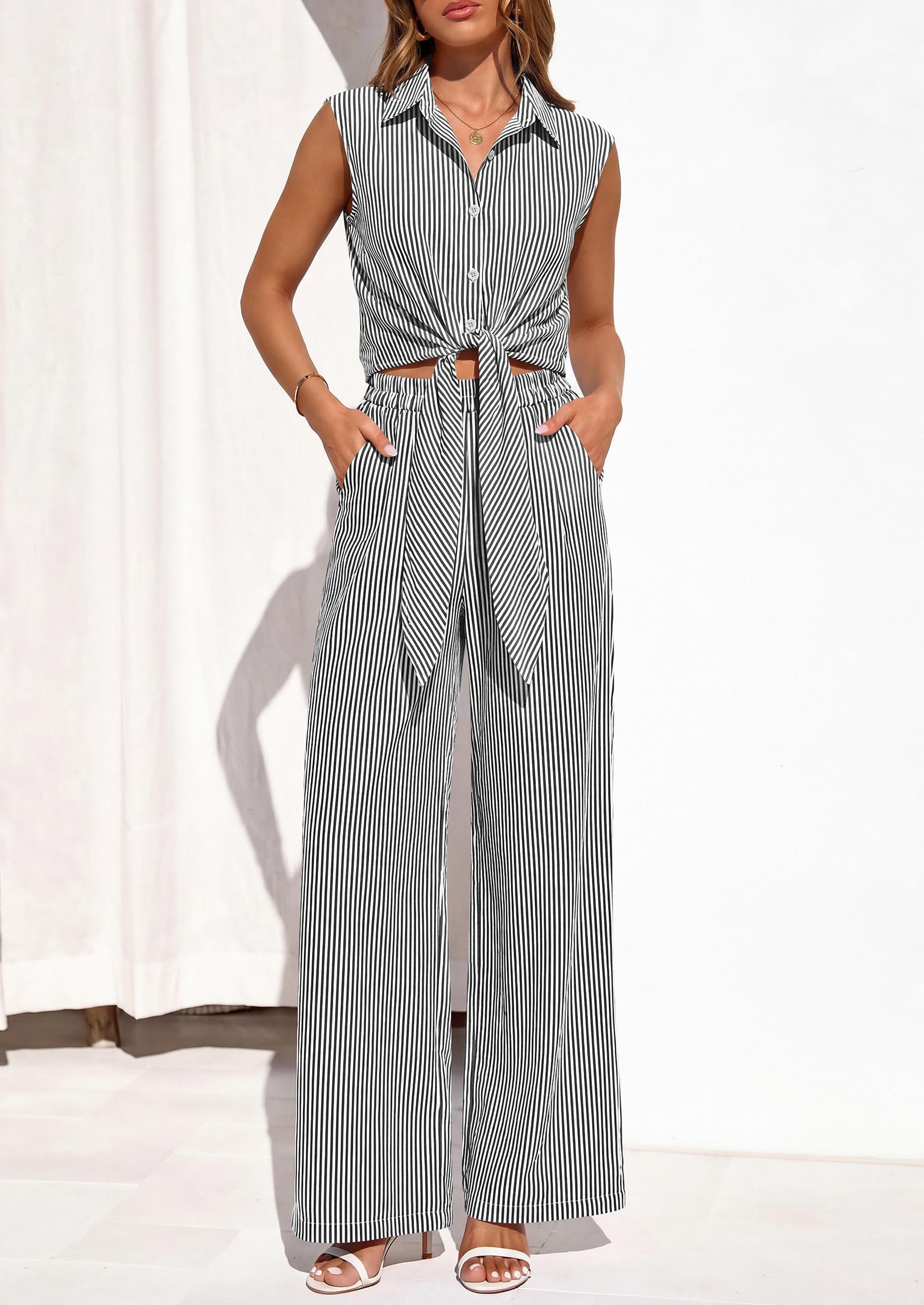 PRETTYGARDEN 2 Piece Sets For Women Summer Striped Button Down Tie Front Crop Tops Wide Leg Pants Floral Lounge Set
