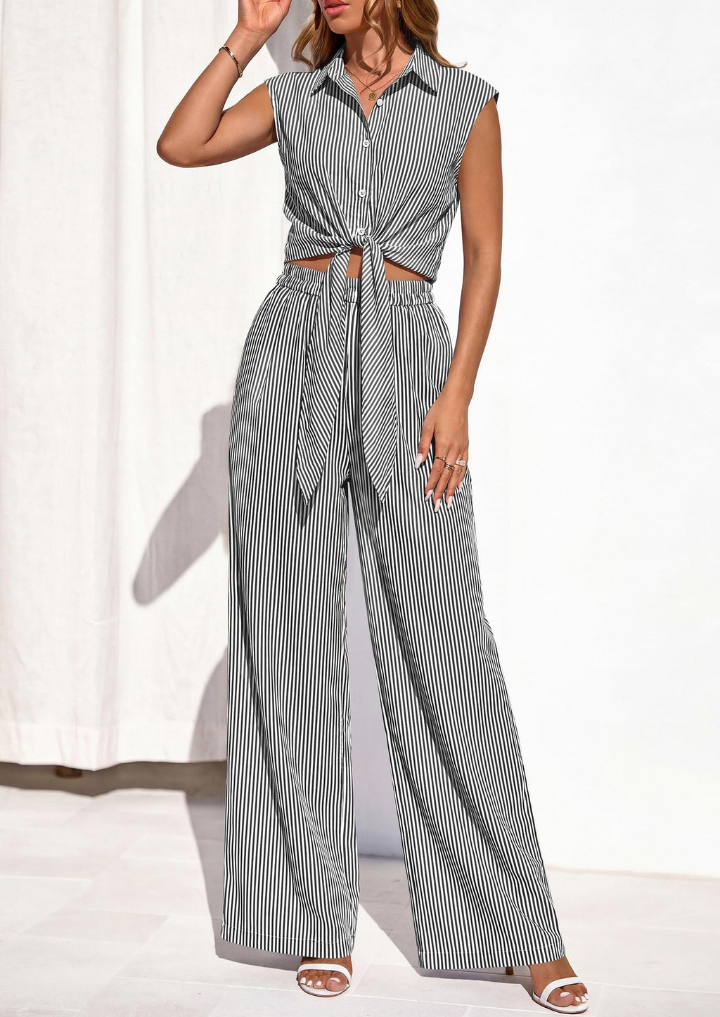 PRETTYGARDEN 2 Piece Sets For Women Summer Striped Button Down Tie Front Crop Tops Wide Leg Pants Floral Lounge Set