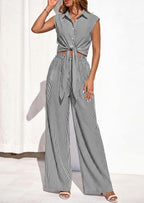 PRETTYGARDEN 2 Piece Sets For Women Summer Striped Button Down Tie Front Crop Tops Wide Leg Pants Floral Lounge Set
