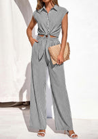 PRETTYGARDEN 2 Piece Sets For Women Summer Striped Button Down Tie Front Crop Tops Wide Leg Pants Floral Lounge Set