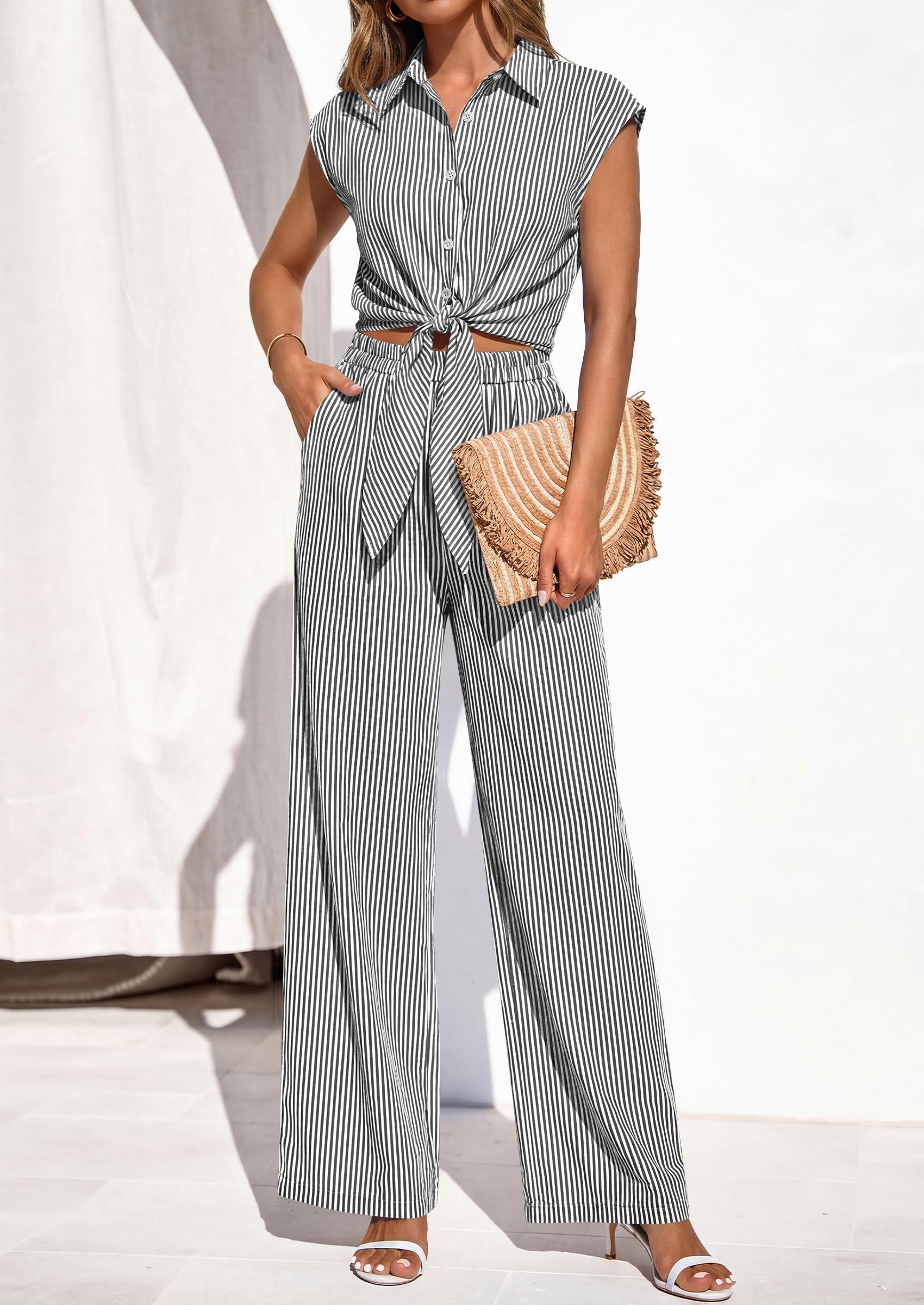 PRETTYGARDEN 2 Piece Sets For Women Summer Striped Button Down Tie Front Crop Tops Wide Leg Pants Floral Lounge Set