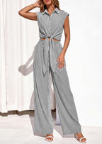 PRETTYGARDEN 2 Piece Sets For Women Summer Striped Button Down Tie Front Crop Tops Wide Leg Pants Floral Lounge Set