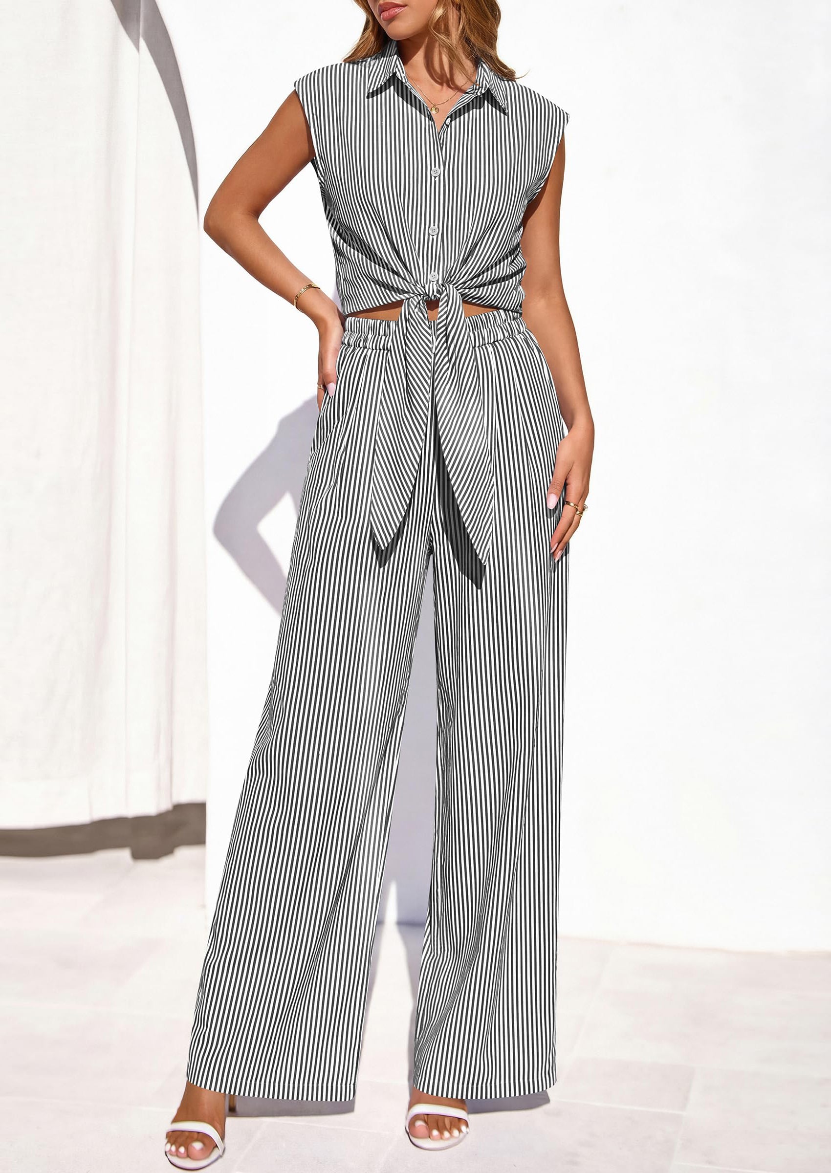 PRETTYGARDEN 2 Piece Sets For Women Summer Striped Button Down Tie Front Crop Tops Wide Leg Pants Floral Lounge Set