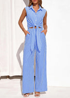 PRETTYGARDEN 2 Piece Sets For Women Summer Striped Button Down Tie Front Crop Tops Wide Leg Pants Floral Lounge Set