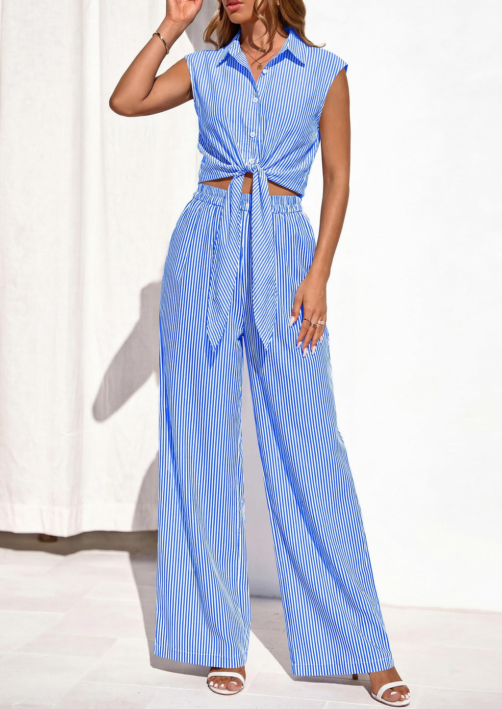 PRETTYGARDEN 2 Piece Sets For Women Summer Striped Button Down Tie Front Crop Tops Wide Leg Pants Floral Lounge Set
