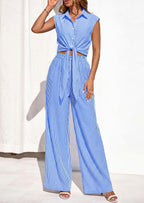PRETTYGARDEN 2 Piece Sets For Women Summer Striped Button Down Tie Front Crop Tops Wide Leg Pants Floral Lounge Set