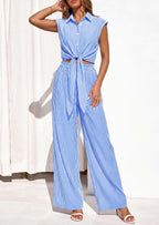 PRETTYGARDEN 2 Piece Sets For Women Summer Striped Button Down Tie Front Crop Tops Wide Leg Pants Floral Lounge Set