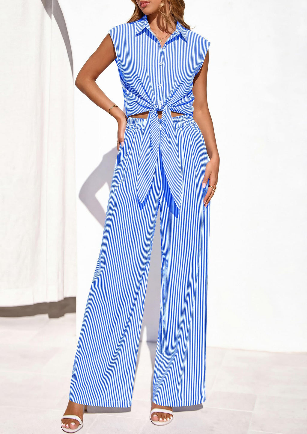 PRETTYGARDEN 2 Piece Sets For Women Summer Striped Button Down Tie Front Crop Tops Wide Leg Pants Floral Lounge Set