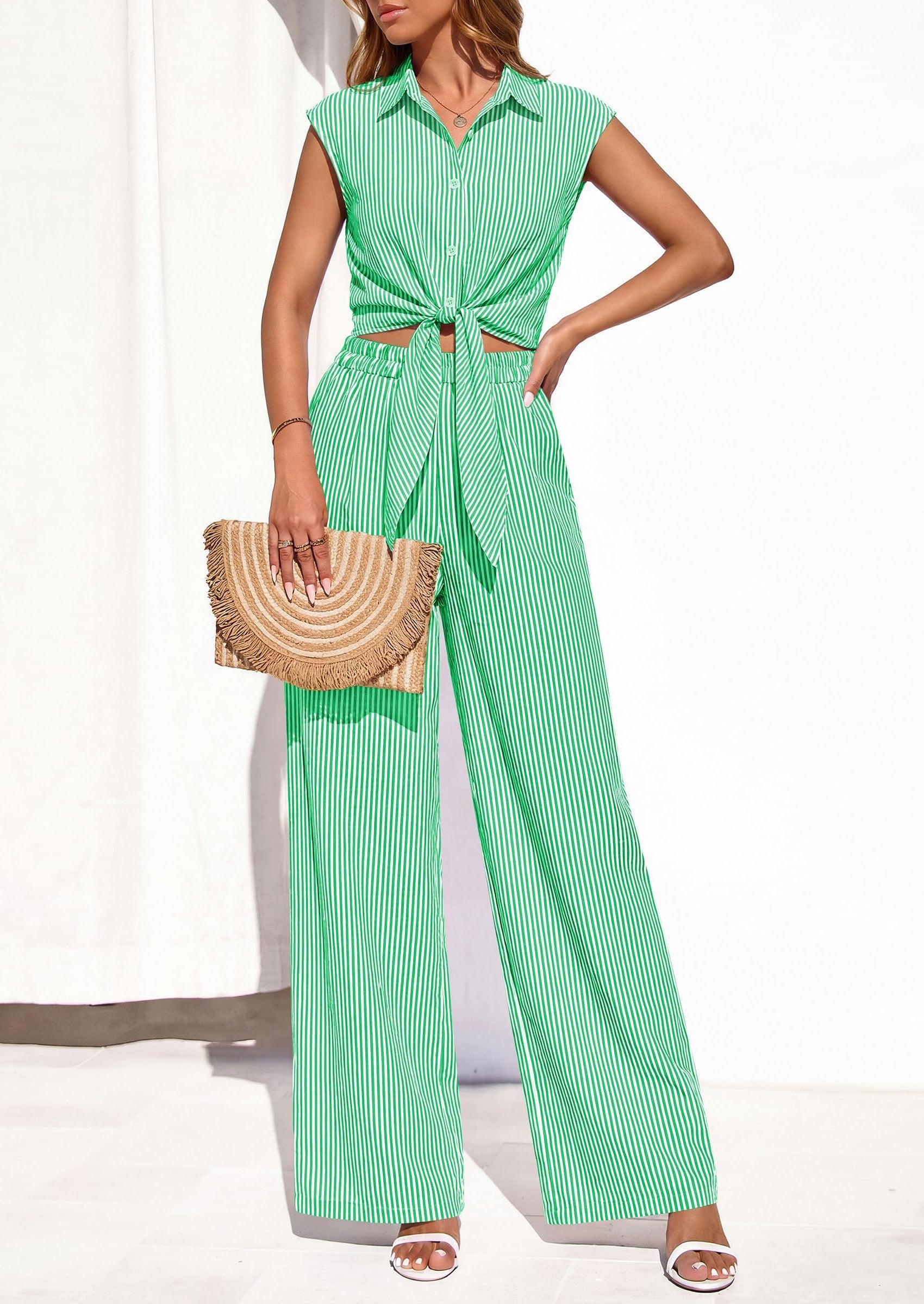 PRETTYGARDEN 2 Piece Sets For Women Summer Striped Button Down Tie Front Crop Tops Wide Leg Pants Floral Lounge Set
