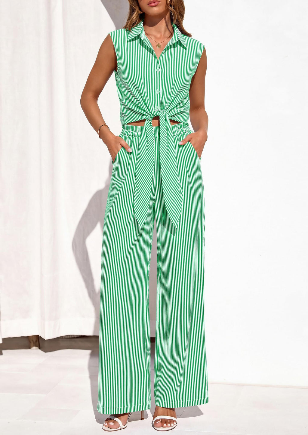 PRETTYGARDEN 2 Piece Sets For Women Summer Striped Button Down Tie Front Crop Tops Wide Leg Pants Floral Lounge Set