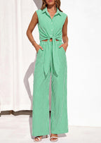 PRETTYGARDEN 2 Piece Sets For Women Summer Striped Button Down Tie Front Crop Tops Wide Leg Pants Floral Lounge Set