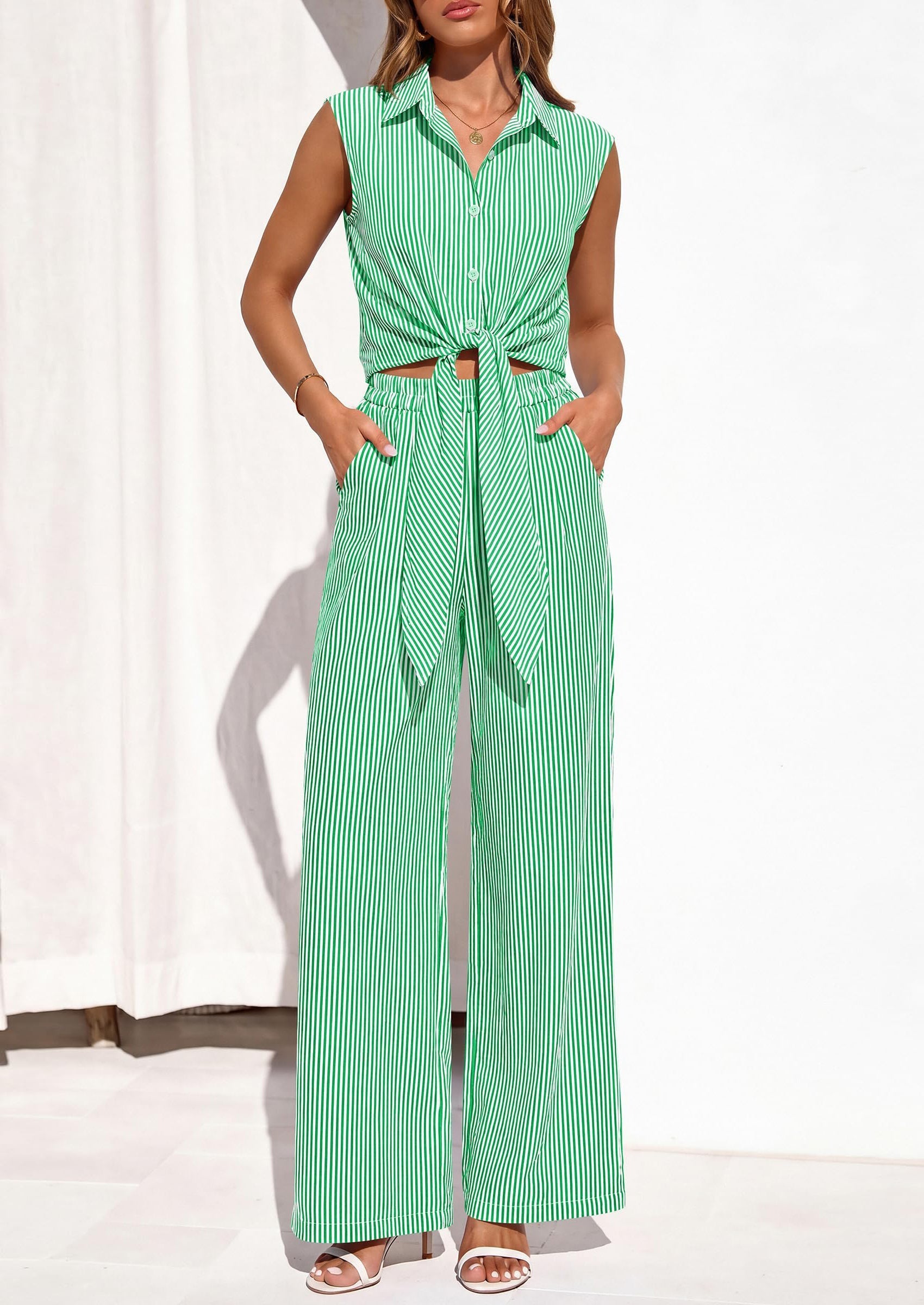 PRETTYGARDEN 2 Piece Sets For Women Summer Striped Button Down Tie Front Crop Tops Wide Leg Pants Floral Lounge Set